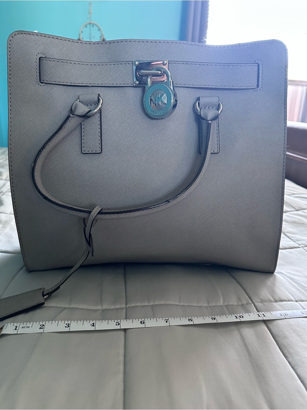Michael Kors Light Gray Saffiano Leather Tote with MK Charm